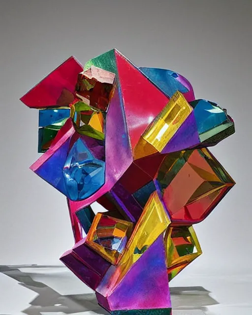 Image similar to a multicolored object sitting on top of a table, an abstract sculpture by john chamberlain, trending on pinterest, crystal cubism, angular, made of crystals, iridescent