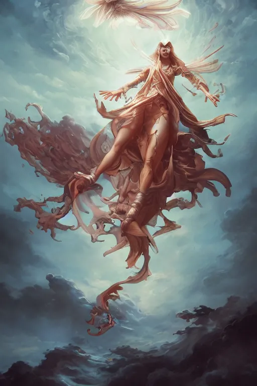 Image similar to sorceress falling through the sky, by peter mohrbacher, artgerm, karol bak, loish, ayami kojima, james stokoe, highly detailed, ultra detailed, ultra realistic, trending on artstation