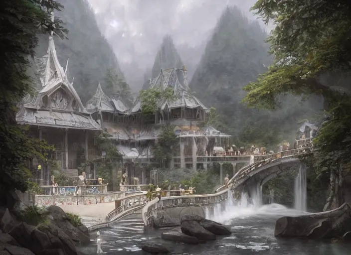 Image similar to A bathhouse with flowing water in a beautiful elven city made of white marble, anime, lush trees, fountain, a fantasy digital painting by Greg Rutkowski and James Gurney, trending on Artstation, highly detailed