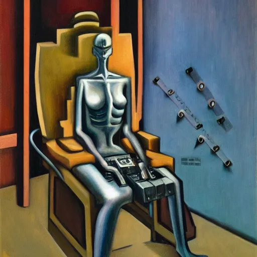 Prompt: evil cyborg mastermind on a throne, human subjugation, mind control, dystopian, pj crook, edward hopper, oil on canvas