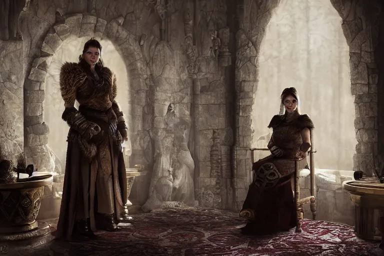 Image similar to the elder scrolls vi, charismatic regal brunette female jarl, portrait, rustic throne room, atmospheric lighting, painted, intricate, volumetric lighting, beautiful, daytime,, slight overcast weather, 4 0 0 0 k, sharp focus, deep colours, ultra detailed, by leesha hannigan, ross tran, thierry doizon, kai carpenter, ignacio fernandez rios