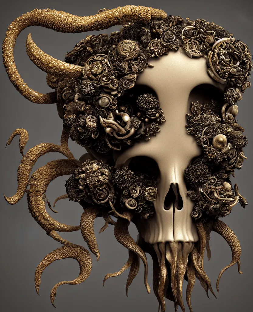 Image similar to goddess princess face close-up portrait ram skull. sculpture made of black clay and gold. jellyfish phoenix head, nautilus, orchid, skull, betta fish, bioluminiscent creatures, intricate artwork by Tooth Wu and wlop and beeple. octane render, trending on artstation, greg rutkowski very coherent symmetrical artwork. cinematic, hyper realism, high detail, octane render, 8k