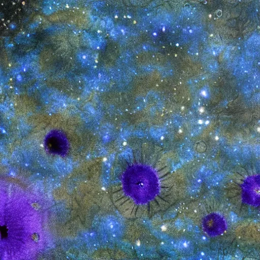 Image similar to detailed, intricate blue black and purple papaverum flower on the field, nebula, galaxy in the sky