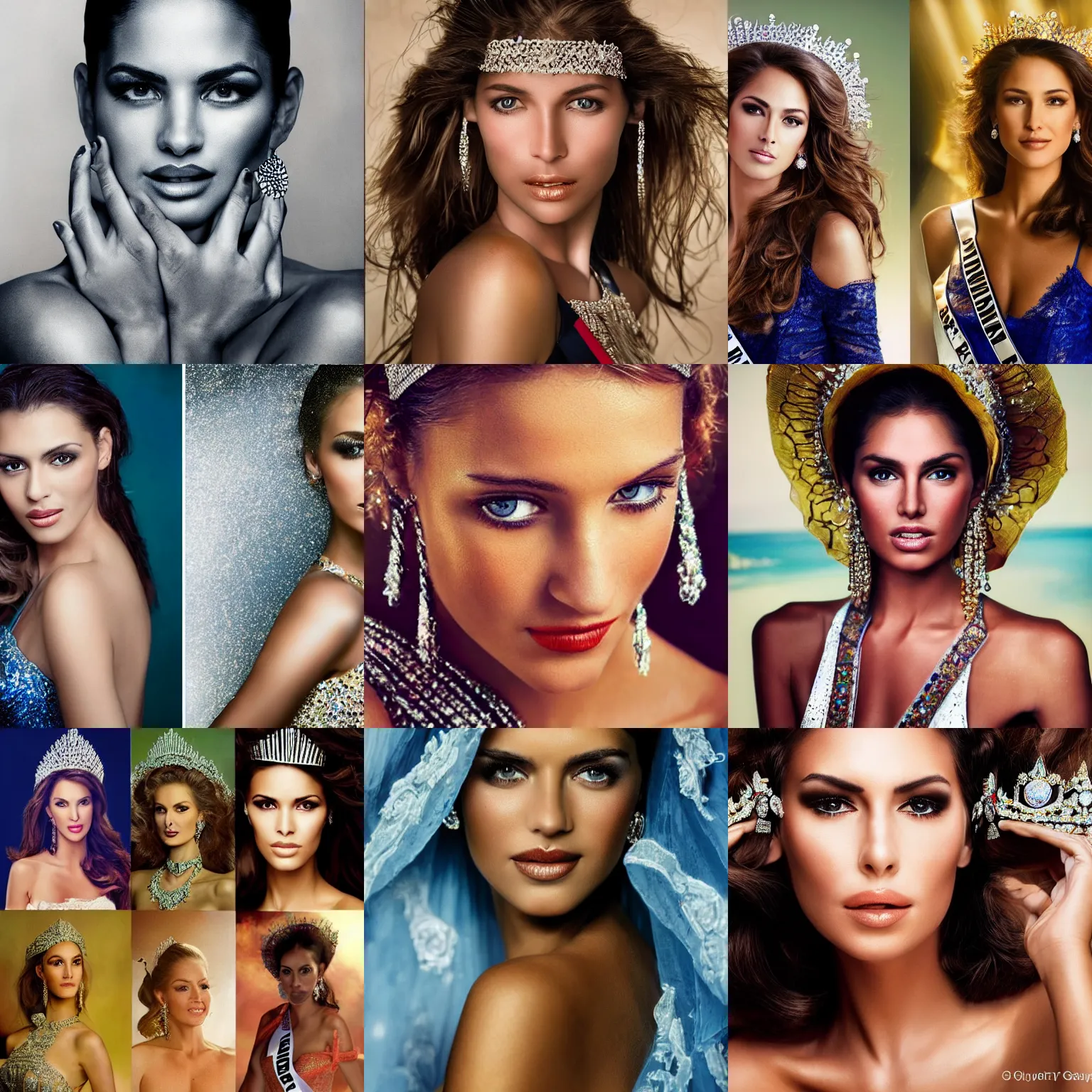 Prompt: The most beautiful woman of the Miss Universe, from different parts of the world, high definition quality portrait in the style of Annie Leibovitz and Steve McCurry