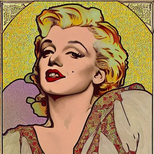 Prompt: realistic detailed portrait of Marilyn Monroe, painted by Mucha , lithograph, Art Nouveau, decorative borders, stained glass style