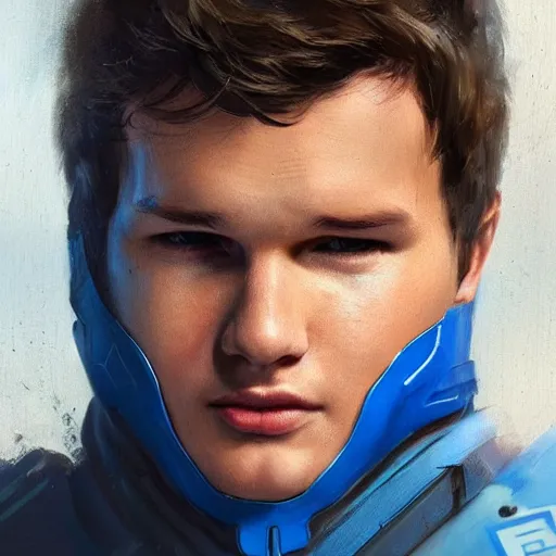 Image similar to portrait of a superhero by greg rutkowski, he looks like ansel elgort, he is wearing a blue and white kevlar gear with a cape, highly detailed portrait, digital painting, artstation, concept art, smooth, sharp foccus ilustration, artstation hq