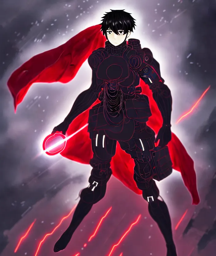 Image similar to a detailed manga illustration character full body portrait of a dark haired cyborg anime man who has a red mechanical eye and is wearing a cape, trending on artstation, digital art, 4 k resolution, detailed, high quality, sharp focus, hq artwork, insane detail, concept art, character concept, character illustration, full body illustration, cinematic, dramatic lighting