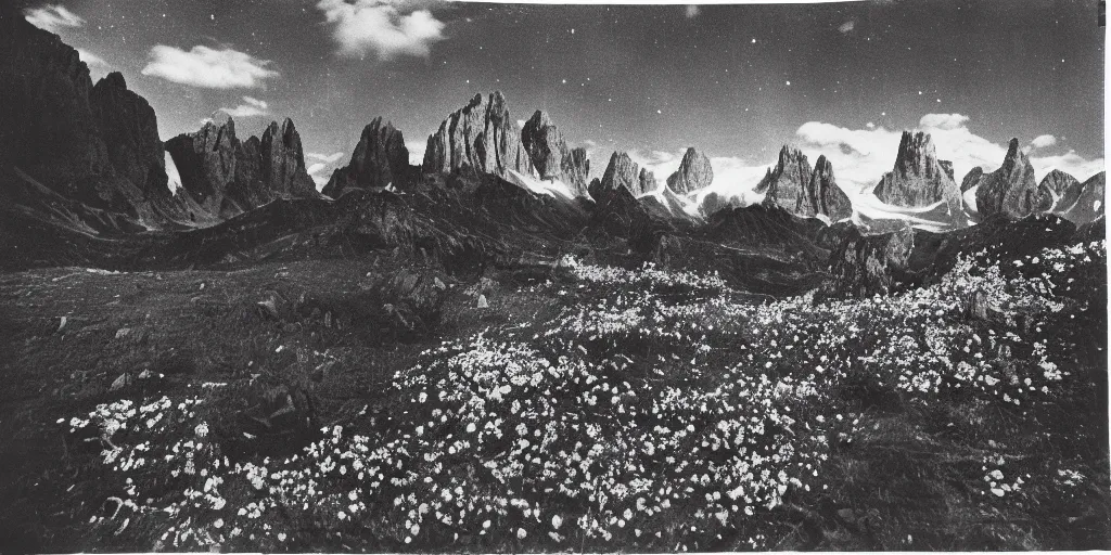 Prompt: photography of stars and galaxys being overgrown by roots and edelweiss, dolomites far in the background, 1. 2 f, 3 5 mm, dark, eerie, 1 9 2 0 s ghost photography