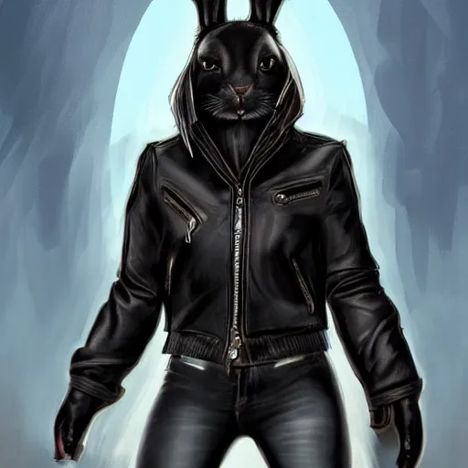Prompt: A bunny with a small head wearing a leather jacket and leather jeans and thick leather gloves, trending on FurAffinity, energetic, dynamic, digital art, highly detailed, FurAffinity, high quality, digital fantasy art, FurAffinity, favorite, character art