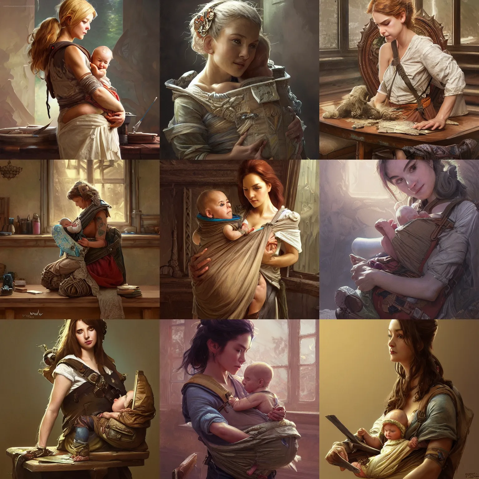 Prompt: painting of a old, very used worn out baby carrier sitting on a table, deep focus, d & d, fantasy, intricate, elegant, highly detailed, digital painting, artstation, concept art, matte, sharp focus, illustration, hearthstone, art by artgerm and greg rutkowski and alphonse mucha