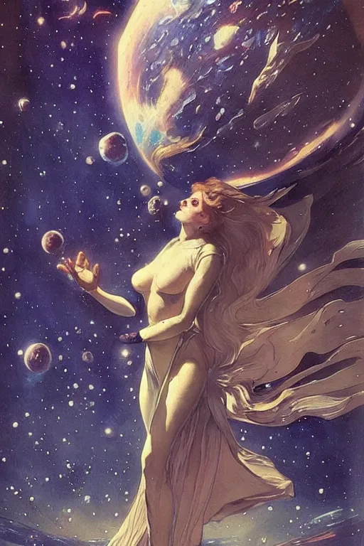 Image similar to “big chaotic beutiful and open space with many stars and space battleship far away in the horizon, woman in futuristic spacesuit that revealing her beautiful fit body, pointing to the space battleship, in the style of Gaston Bussière, art nouveau”