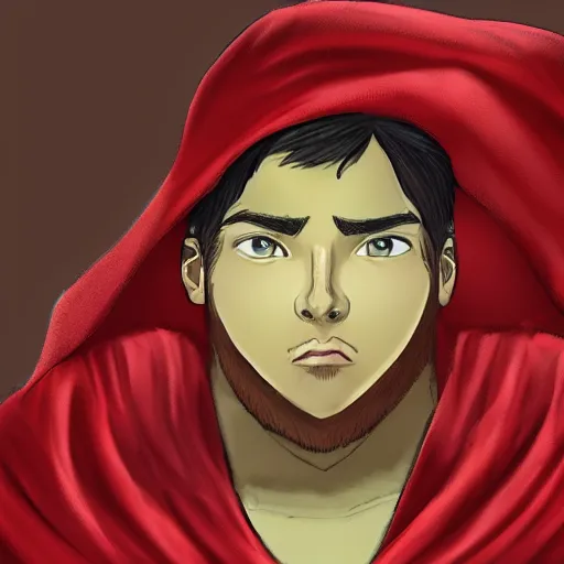 Prompt: portrait, 25 years old :: overweight fantasy mage :: green eyes, short black hair :: wearing a red brown robe, pointed mage hat :: high detail, digital art, RPG, concept art, illustration, realistic