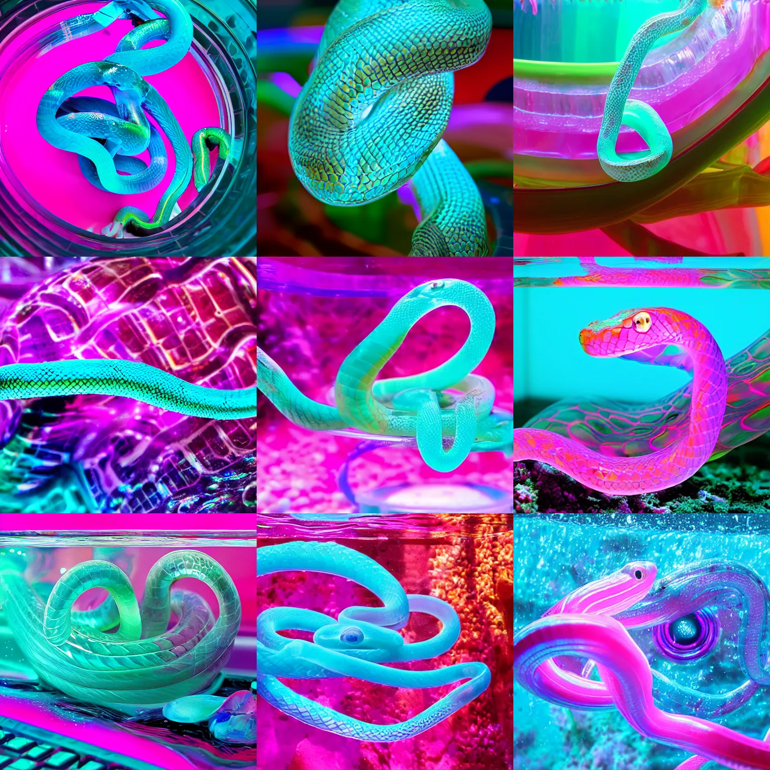 Prompt: aqua translucent snake swimming inside a colorful computer full of light pink water