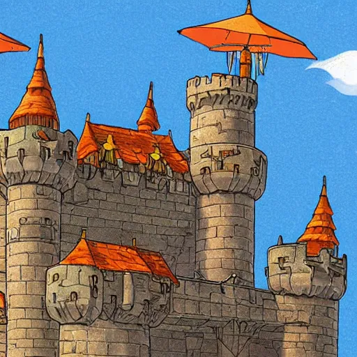 Prompt: Detailed digital illustration close up view on medieval castle fly in the sky Akira Toriyama and Blizzard Concept Artists