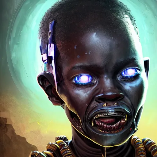 Image similar to a dark and ominous cyborg african child soldier with glowing eyes and facial scarification marks and gold teeth, Apex Legends character digital illustration portrait design, by android jones and greg rutkowski in a cyberpunk voodoo style, synthwave color scheme, detailed, cinematic lighting, wide angle action dynamic portrait