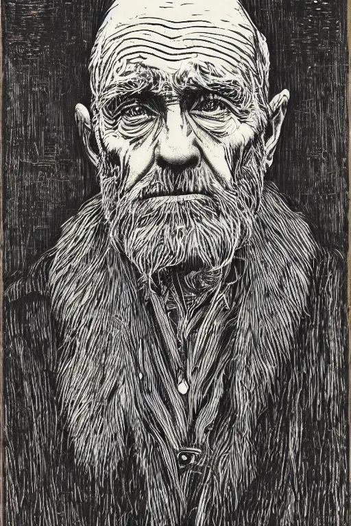 Prompt: a portrait of an old man with a solemn look and deep expression in his eyes, woodcut print, highly detailed, strong lighting, cinematic, HD, 4K
