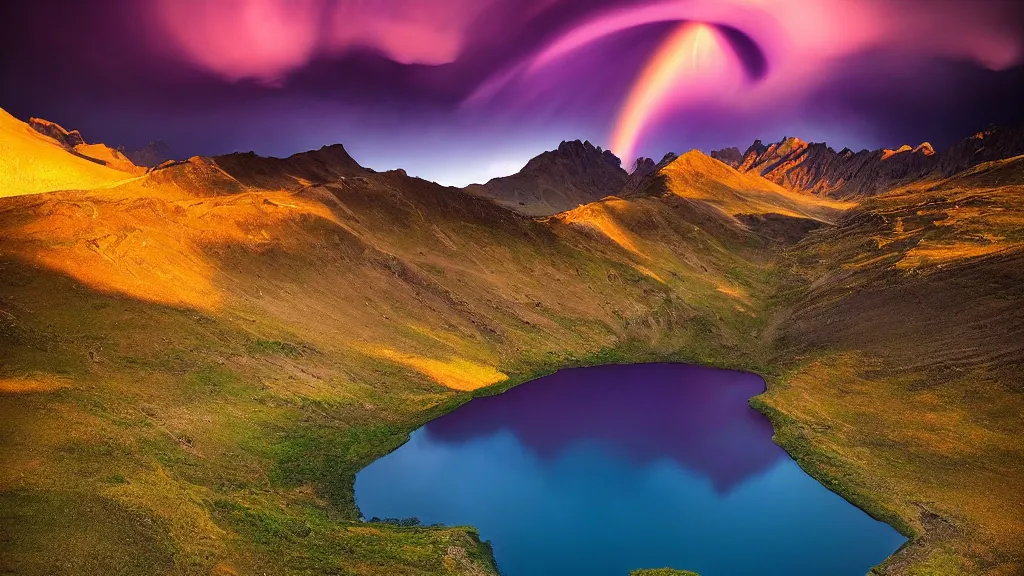 Prompt: amazing landscape photo of a funnel shaped purple tornado over mountains with lake in sunset by marc adamus, beautiful dramatic lighting