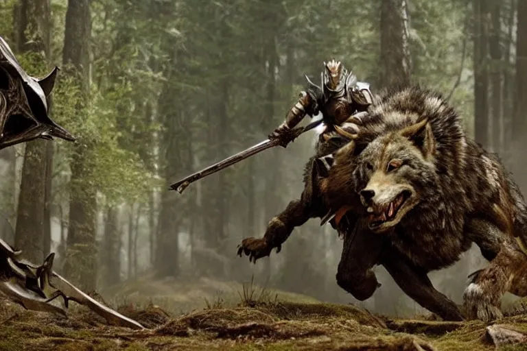 Image similar to vfx movie closeup detailed ancient armored warrior orc hunting riding large wolf in the forest, natural lighting by emmanuel lubezki