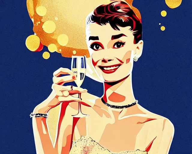 Image similar to teenage audrey hepburn in art deco style, champagne commercial, artstation, illustration, bright, cheerful, detailed and intricate environment