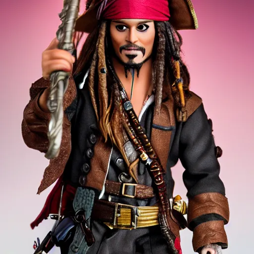 Image similar to Captain Jack Sparrow as a male barbie doll, Mattel, studio product photography, professional, detailed, f/8.0