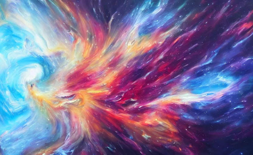 Image similar to an abstract oil painting of an unbelievably beautiful space nebula; hyper-detailed; an extraordinary masterpiece!!!; flawless; trending on artstation