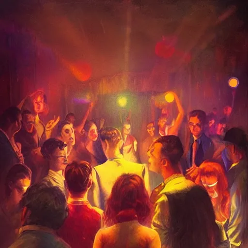 Image similar to young people in a fancy vintage nightclub dancing and drinking, partylights, great colors, by esao andrews, trending on artstation