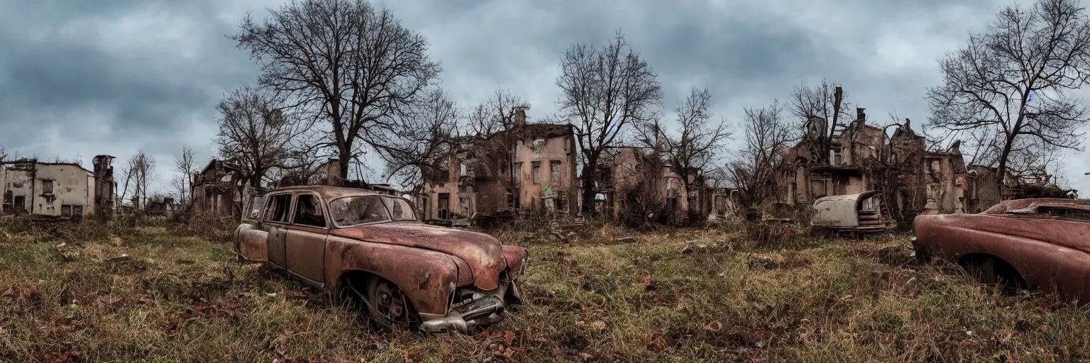 Image similar to low wide angle shot of dilapidated fallout 5 europa, retro futuristic overgrown euro rural town, desolate, dilapidated houses, few rusted retro futuristic vintage parked vehicles like cars, volumetric lighting, photorealistic, daytime, autumn, cold sunny weather, sharp focus, ultra detailed, 4 1 0 0 k