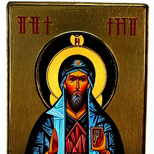 Image similar to russian orthodox icon showing saint with a mobile phone