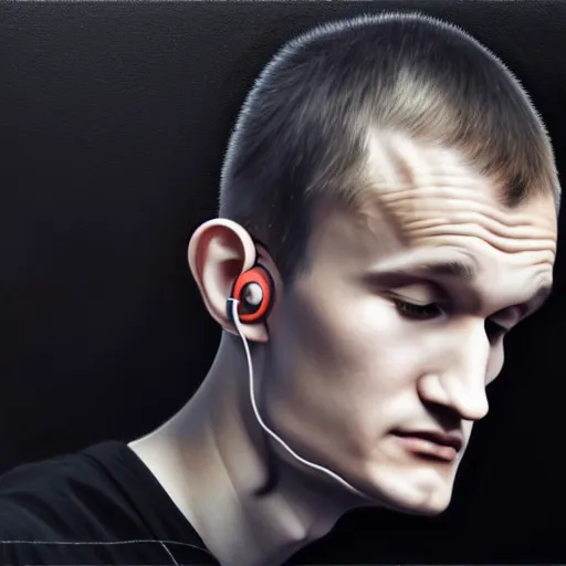 Prompt: vitalik buterin in big headphones with closed eyes listens to music with black background, wayne barlow, bao pham, donato giancola, larry elmore, masterpiece, trending on artstation, featured on pixiv, cinematic composition, beautiful lighting, sharp, details, hyper - detailed, hdr, 4 k, 8 k