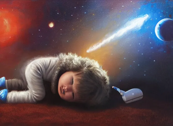 Image similar to toddler elon musk lying on a shaggy rug playing with his space rockets, realistic oil painting, beautiful soft lighting, istvan sandorfi