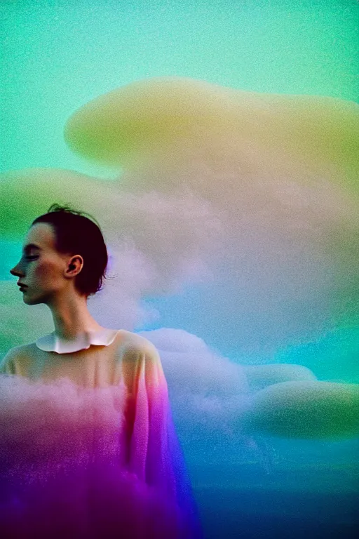 Image similar to high quality pastel coloured film close up wide angle photograph of a model wearing clothing swimming on cloud furniture in a icelandic black rock!! environment in a partially haze filled dreamstate world. three point light, rainbow. photographic production. art directed. pastel colours. volumetric clouds. pastel gradient overlay. waves glitch artefacts. extreme facial clarity. 8 k. filmic.