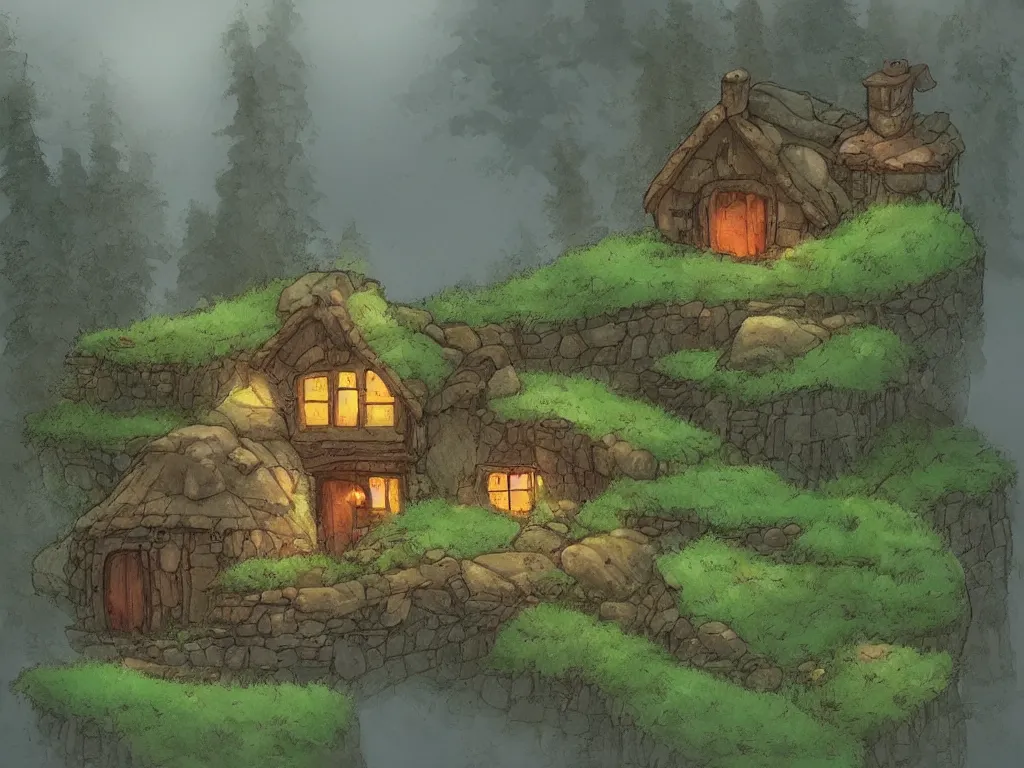 Prompt: cozy cottage on a hill in the style of Miyazaki