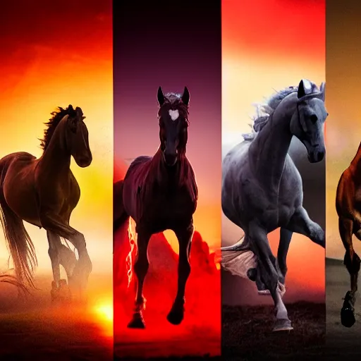 Image similar to four horsemen of the apocalypse, cinematic, red tones, eclipse