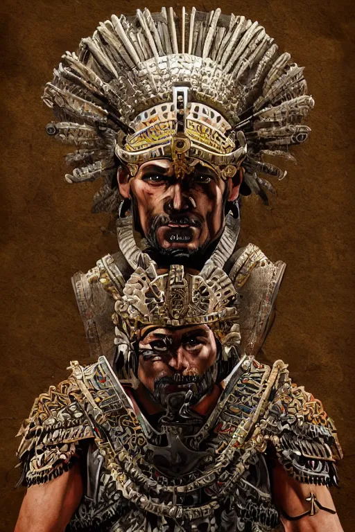 Image similar to a finely detailed painting of an aztec warrior, clothed in mexica military-style battle armor, long dark hair, beautiful bone structure, symmetrical facial features, intricate, elegant, digital painting, trending on Artstation, concept art, smooth, sharp focus, illustration, from Metal Gear by Kevin Keele and Nicolas Aviori,