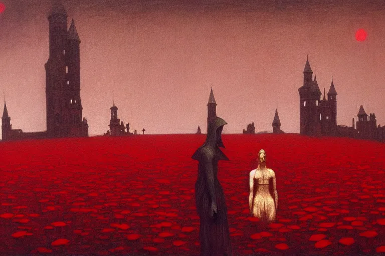 Image similar to only with red, red flowers of different types, red castle in background, red medieval goblins, in the style of beksinski, parts by edward hopper, parts by rodcenko, parts by yue minjun, intricate and epic composition, red by caravaggio, insanely quality, highly detailed, masterpiece, red light, artstation, 4 k