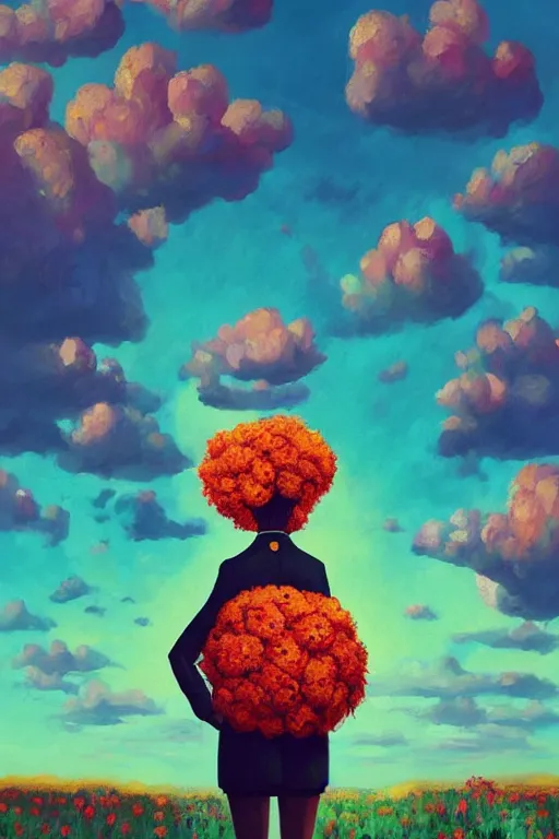 Image similar to portrait, giant flower as head, black woman in suit, surreal photography, golden hour, colorful clouds, impressionist painting, digital painting, artstation, simon stalenhag