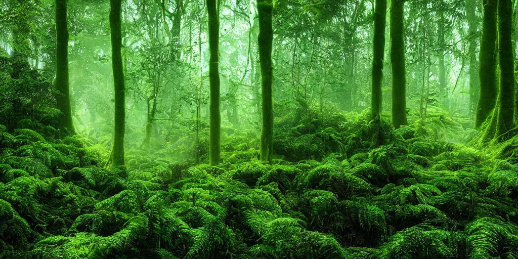 Prompt: deep lush forest floor with dark green and blue ferns and moss, droplets of crystal clear water on the leaves, rays of sunlight coming through the clouds after rain, magical fairytale, sparkling particles, magical dust, glitter shimmering in the light