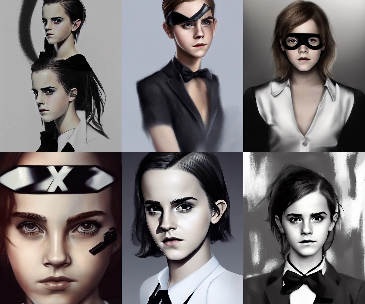 Prompt: young Emma Watson as secret agent girl, marvel character, black eye mask, black tie, white shirt, hyperrealist digital painting by Mario Testino, Stanley Artgerm Lau, WLOP, Andrei Riabovitchev, masterpiece, trending on artstation, cgstudio