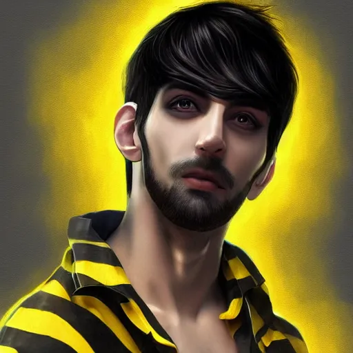 Image similar to ultra realistic illustration, man with black hair, in a checkered yellow and black shirt, with blue eyes, highly detailed, digital painting, artstation, concept art, smooth, sharp focus, illustration