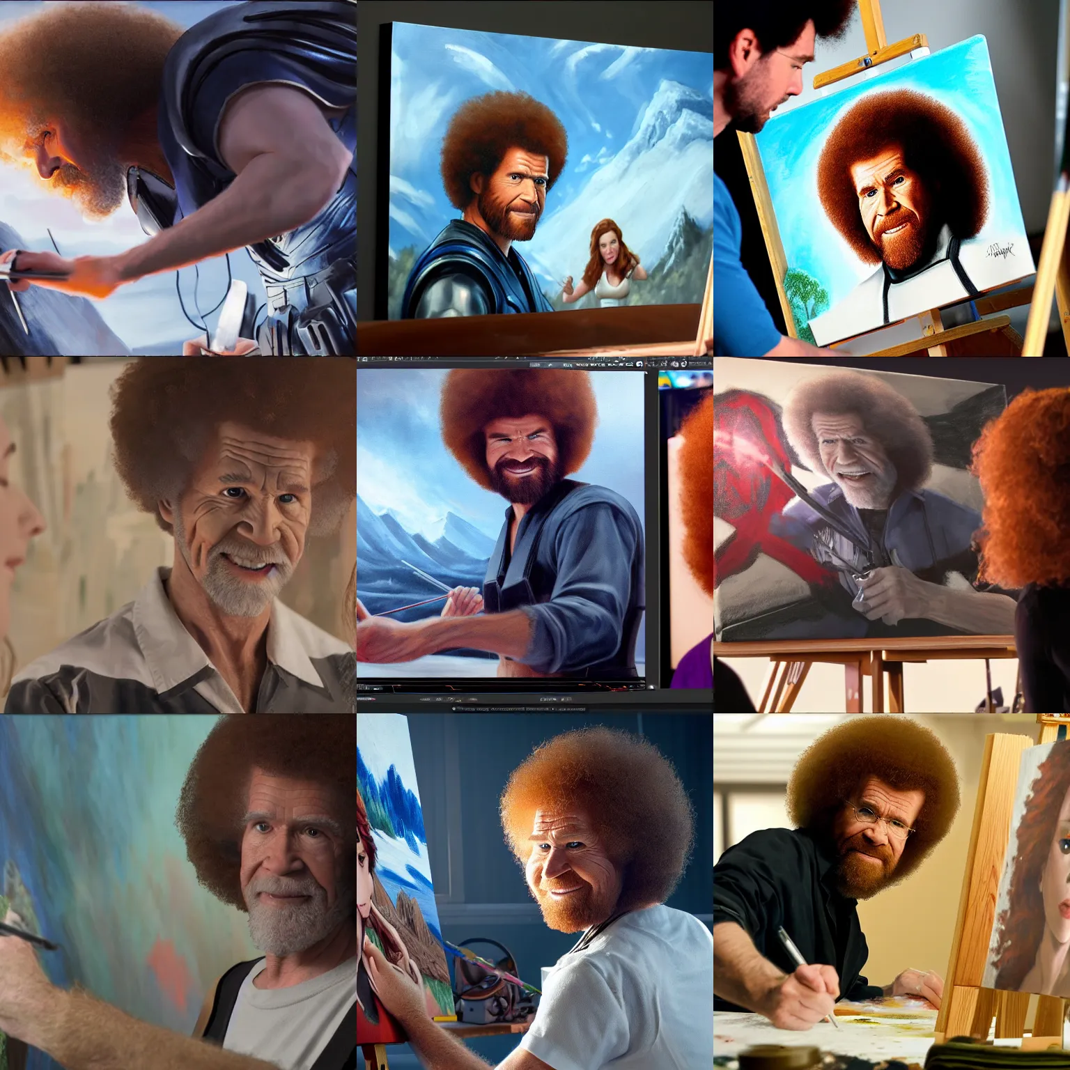 Prompt: a closeup photorealistic photograph of bob ross working on a canvas painting of black widow from avengers. film still. brightly lit scene. this 4 k hd image is trending on artstation, featured on behance, well - rendered, extra crisp, features intricate detail, epic composition and the style of unreal engine.