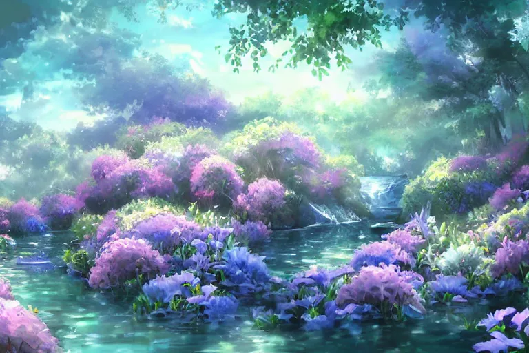 Prompt: scenes, dynamic composition, motion, ultra - detailed, incredibly detailed, a lot of details, amazing fine details and brush strokes, colorful and grayish palette, smooth, hd semirealistic anime cg concept art digital painting, watercolor oil painting of sea of flowers, in style of deemo, blue flame, relaxing, calm and mysterious vibes