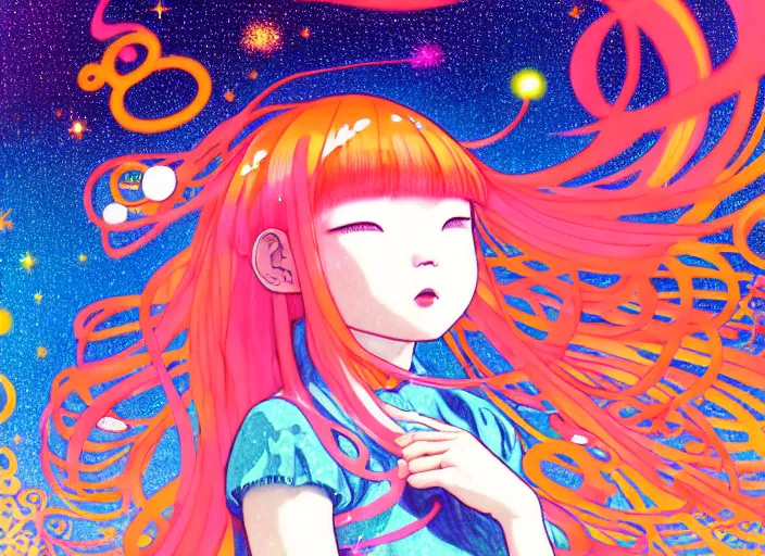 Prompt: portrait of a young girl dancing in space,Katsura Masakazu,Hiroyuki Imaishi,Studio Trigger,gustav klimt, kawaii, manga,beautiful, 35mm lens,gradation,loish,vibrant, rule of thirds fibonacci, Ilya Kuvshinov, Kyoto Animation,Mucha,Murata Range, fine detail