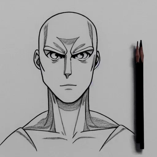 Prompt: schematic drawing of Saitama with pencils and triangle ruler lying next to the drawing