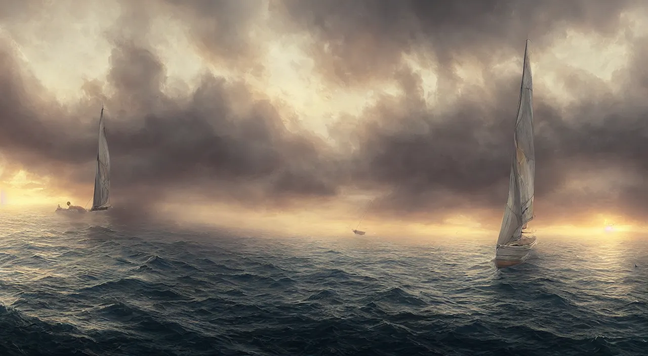 Prompt: hyper realistic detailed matte painting of sailing boat in the bay, calm foggy ocean, sunset lighting, hyperdetailed unreal engine 8 k ultra hd, stanley artgerm lau, rossdraws, james jean marc simonetti ruan jia and mandy jurgens and artgerm and william illustration, digital art, concept art