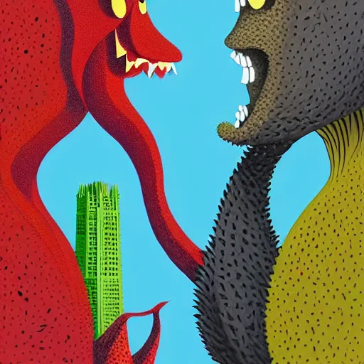 Image similar to adam and eve bigger than godzilla, monument valley art style, smooth painting, each individual seeds have ultra high detailed, 4 k, illustration, comical, acrylic paint style, pencil style, torn cosmo magazine style, pop art style, ultra realistic, underrated, by mike swiderek, jorge lacera, ben lo, tyler west