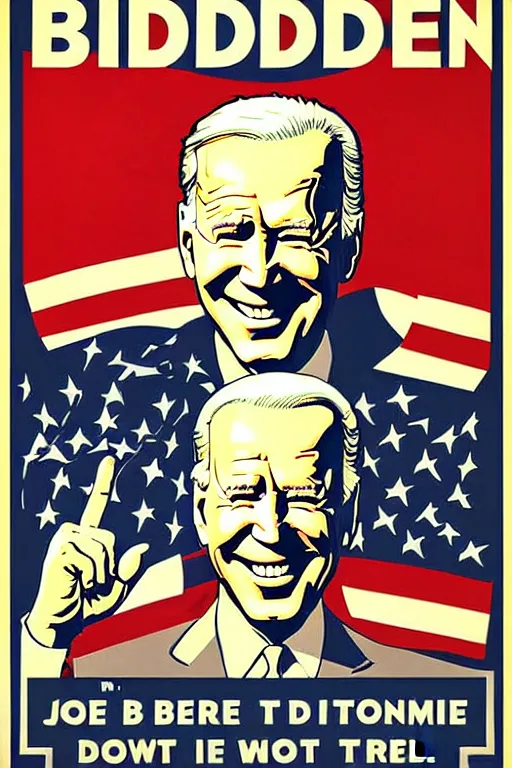 Prompt: joe biden!!!!! propaganda poster by harry ryle hopps!!!!!!!! smile, creepy!!, donald trump shitting his pants, joe biden smug face!!!! poop!!! ww 2 poster,, iconic, masterpiece, ornate and detailed, propaganda, award winning