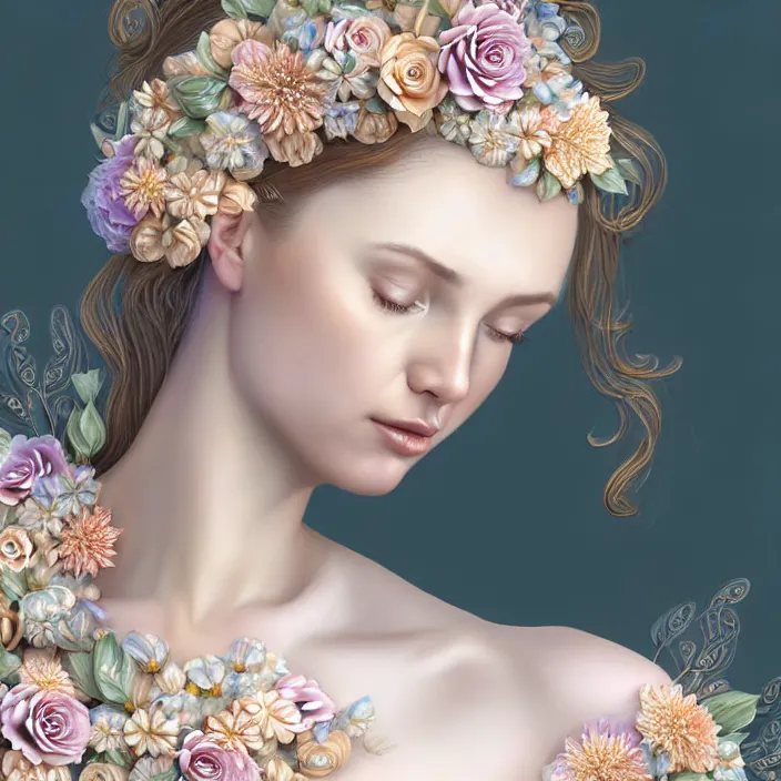 Image similar to photo portrait of a beautiful woman like a nymph - flowers - dressed in long elegant intricate ornamental ethereal floral dress, natural skin tone, highly detailed realistic flowers ornament in the upper side of breast, bust with a long beautiful neck , long blond hair are intricate with highly detailed realistic flowers, elegant, Realistic, Refined, Highly Detailed, natural soft pastel lighting colors scheme, fine art photography by Cecil Beaton, volumetric lighting, hyper realistic photography