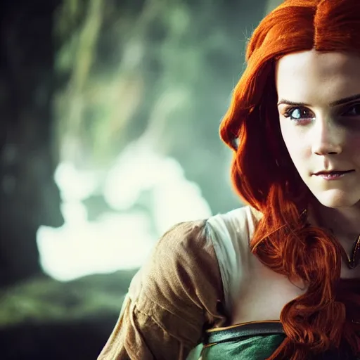 Image similar to Triss Merigold cosplay by Emma Watson, seductive gaze, 8k, professional photography, cinematic studio shot, dark, smoke
