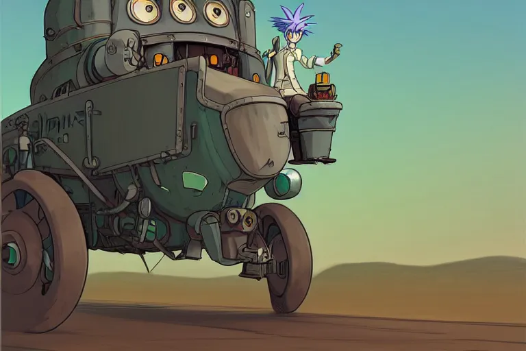 Image similar to a study of a cell shaded cartoon of a mechanized punk with green hair from howl's moving castle ( 2 0 0 4 ), on a desert road, full body, wide shot, very muted colors, post grunge, studio ghibli, laurie greasley, highly detailed, deviantart, art by artgem