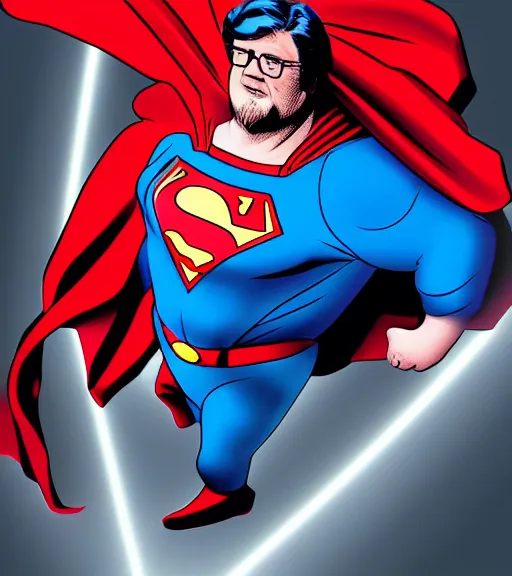 Prompt: gabe newell as a superman, soft light, blue, red